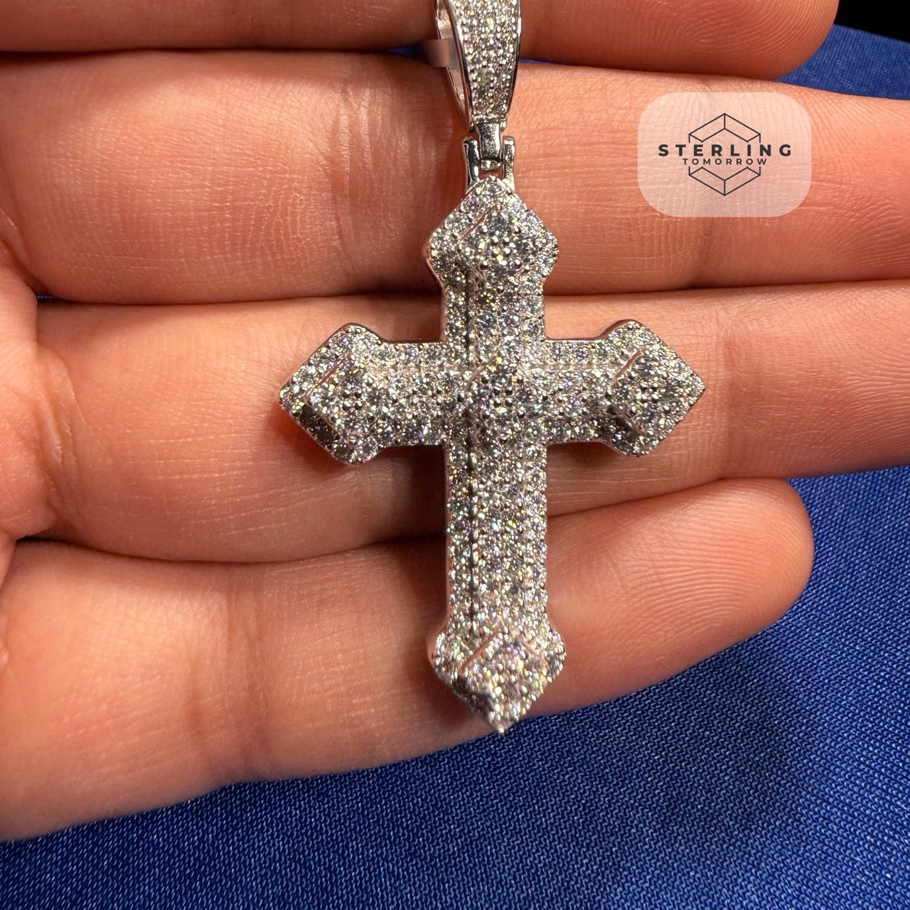 Moissanite VVS Iced Cross Pendant 925 Silver Free Steel Rope Chain Unisex Gift