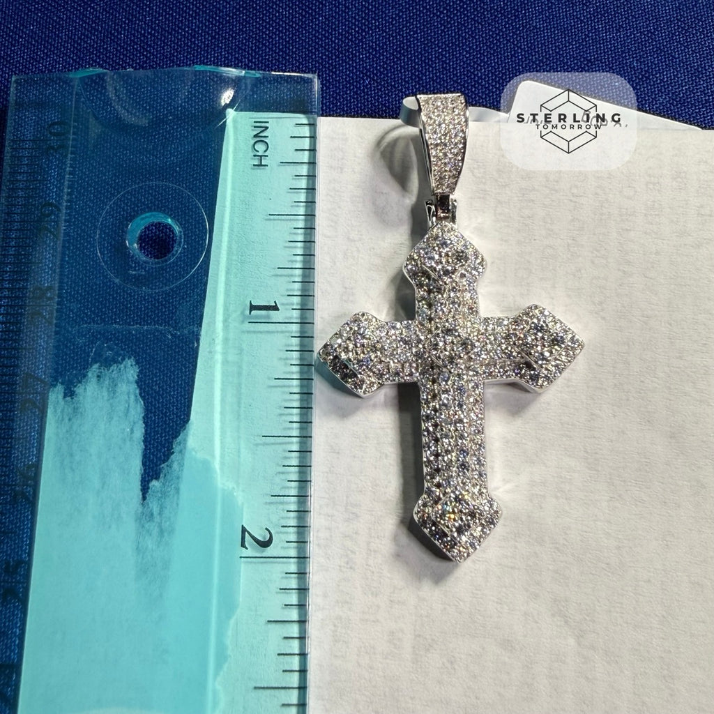 Moissanite VVS Iced Cross Pendant 925 Silver Free Steel Rope Chain Unisex Gift
