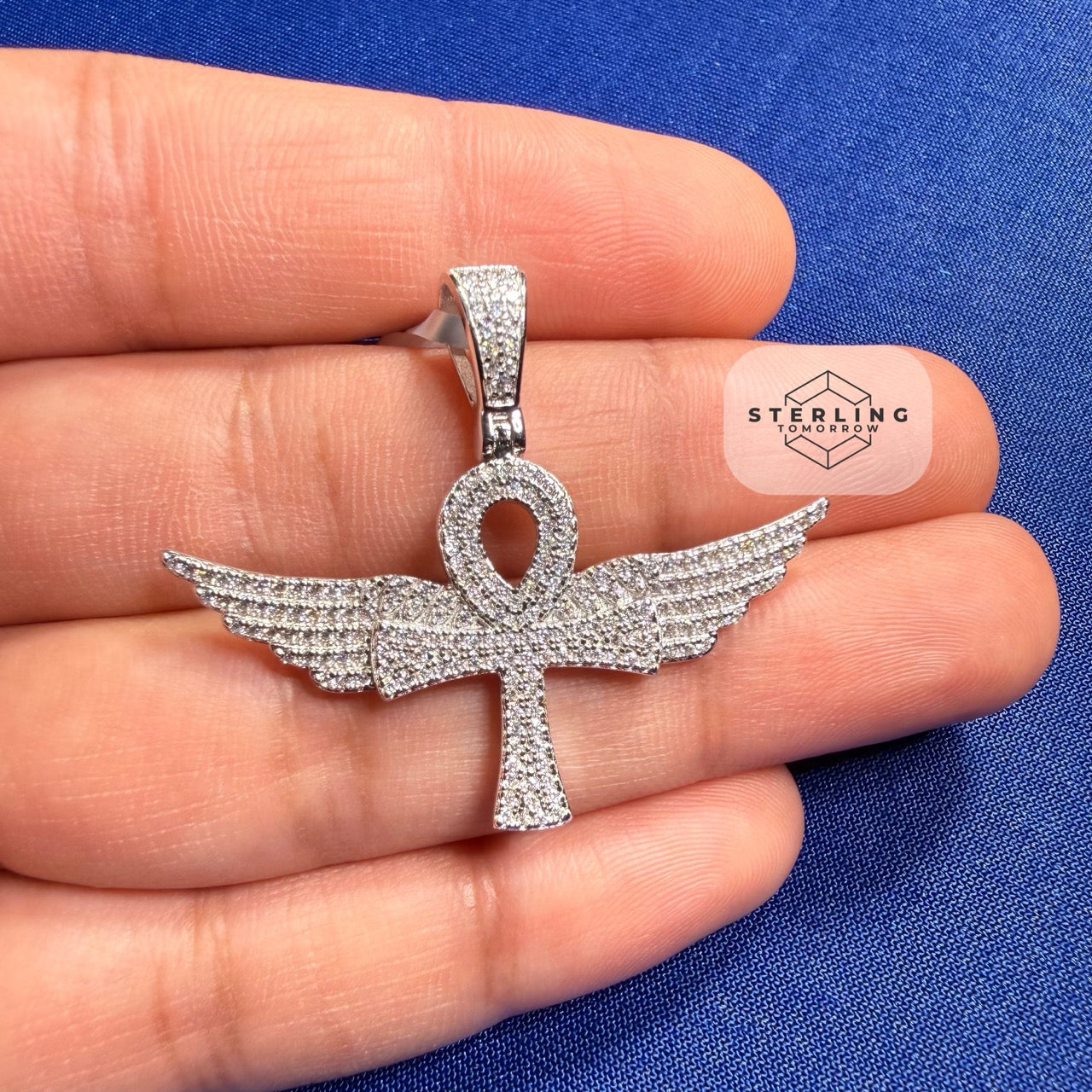 Moissanite VVS Wings Ankh Pendant 925 Silver Iced Out Free Steel Rope Chain
