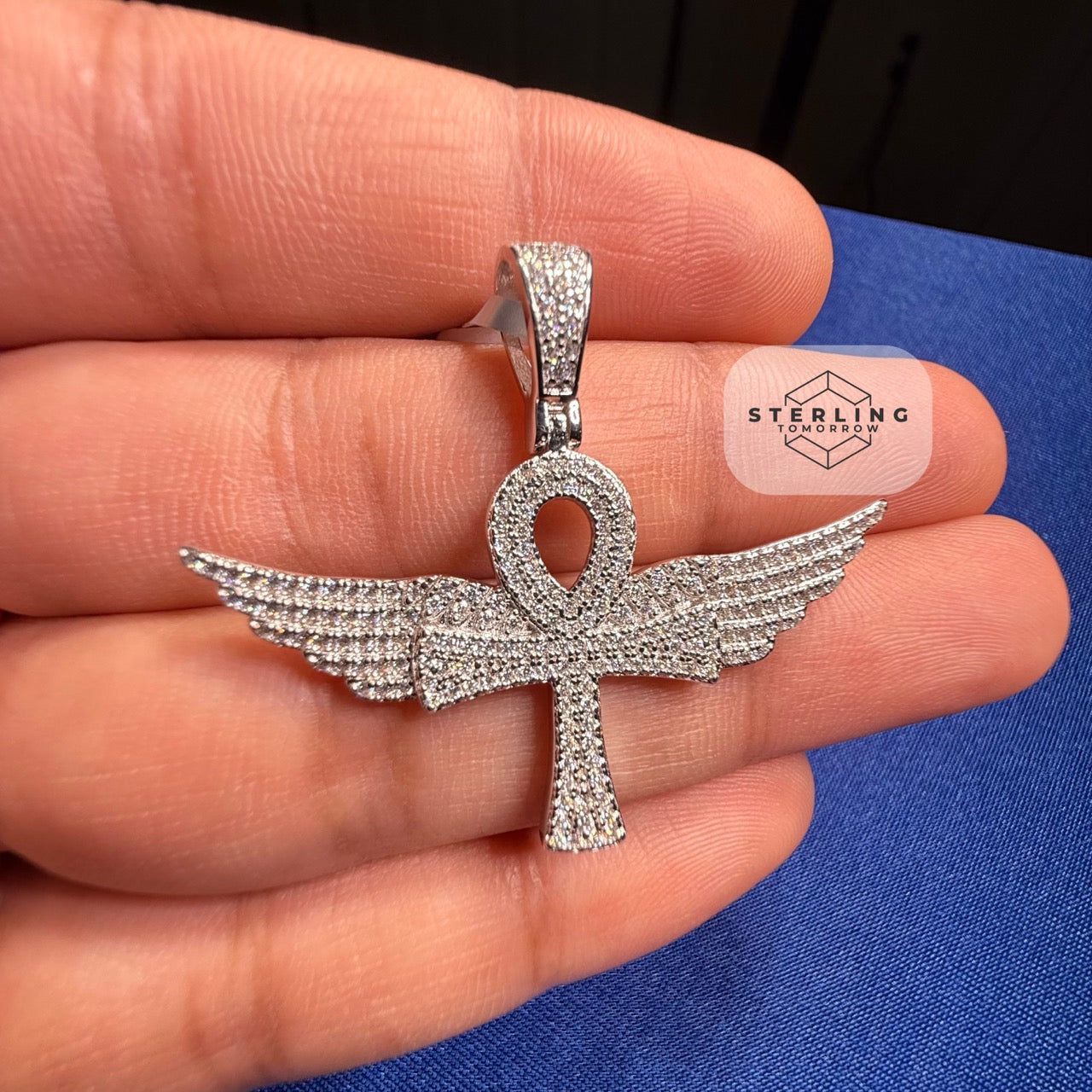 Moissanite VVS Wings Ankh Pendant 925 Silver Iced Out Free Steel Rope Chain