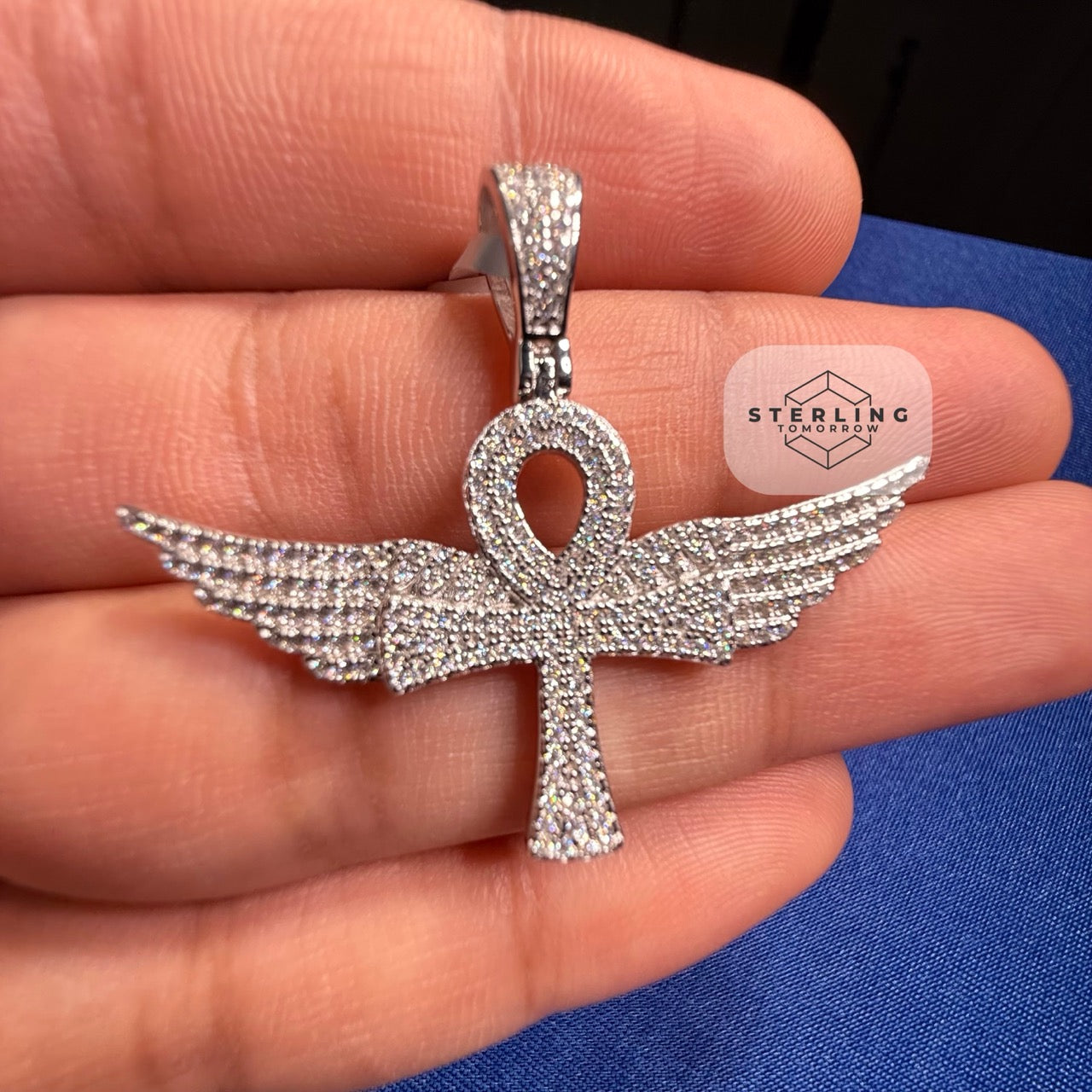 Moissanite VVS Wings Ankh Pendant 925 Silver Iced Out Free Steel Rope Chain