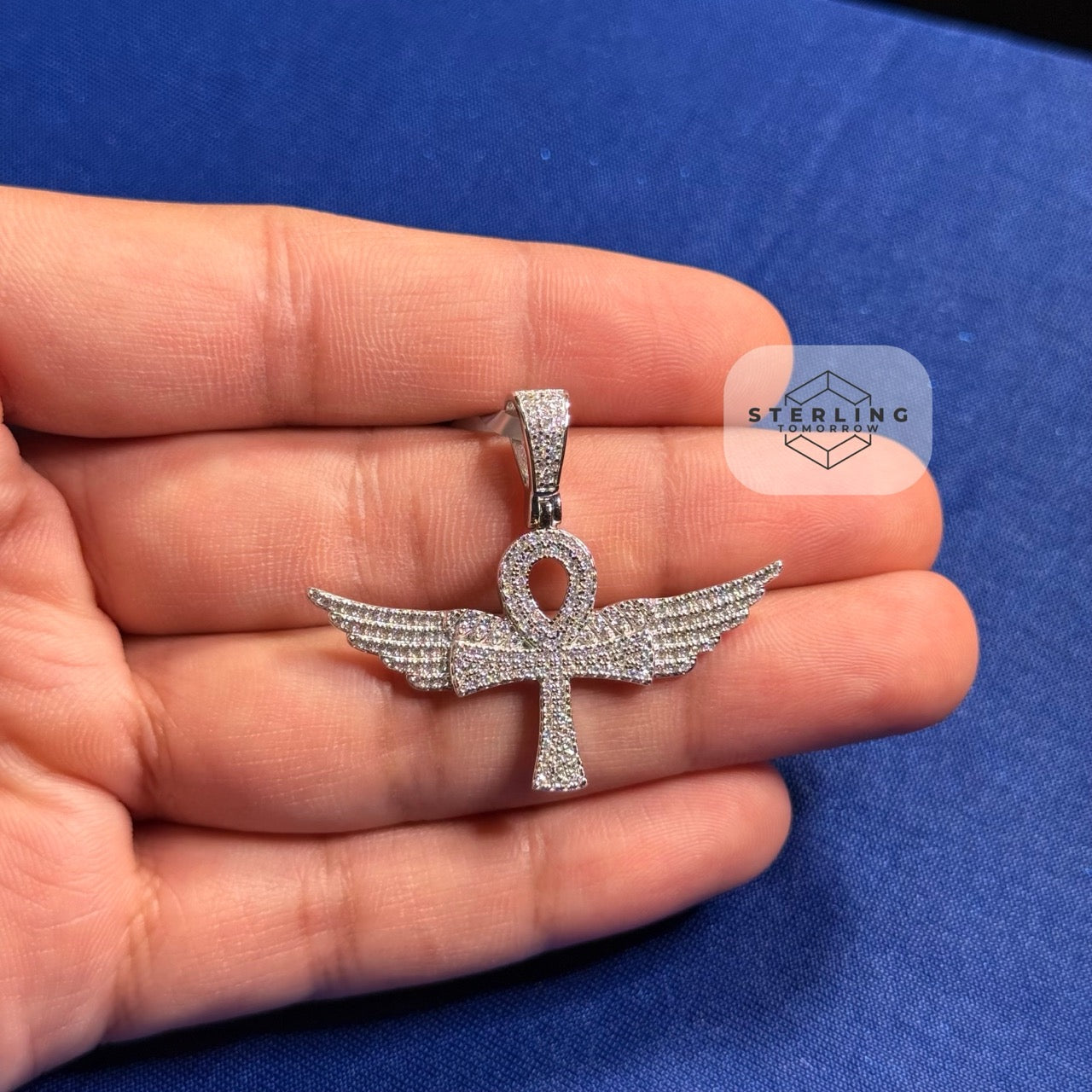 Moissanite VVS Wings Ankh Pendant 925 Silver Iced Out Free Steel Rope Chain