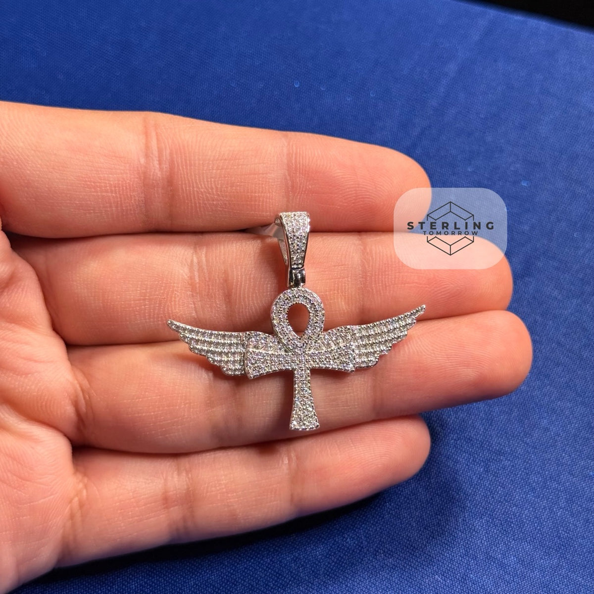 Moissanite VVS Wings Ankh Pendant 925 Silver Iced Out Free Steel Rope Chain