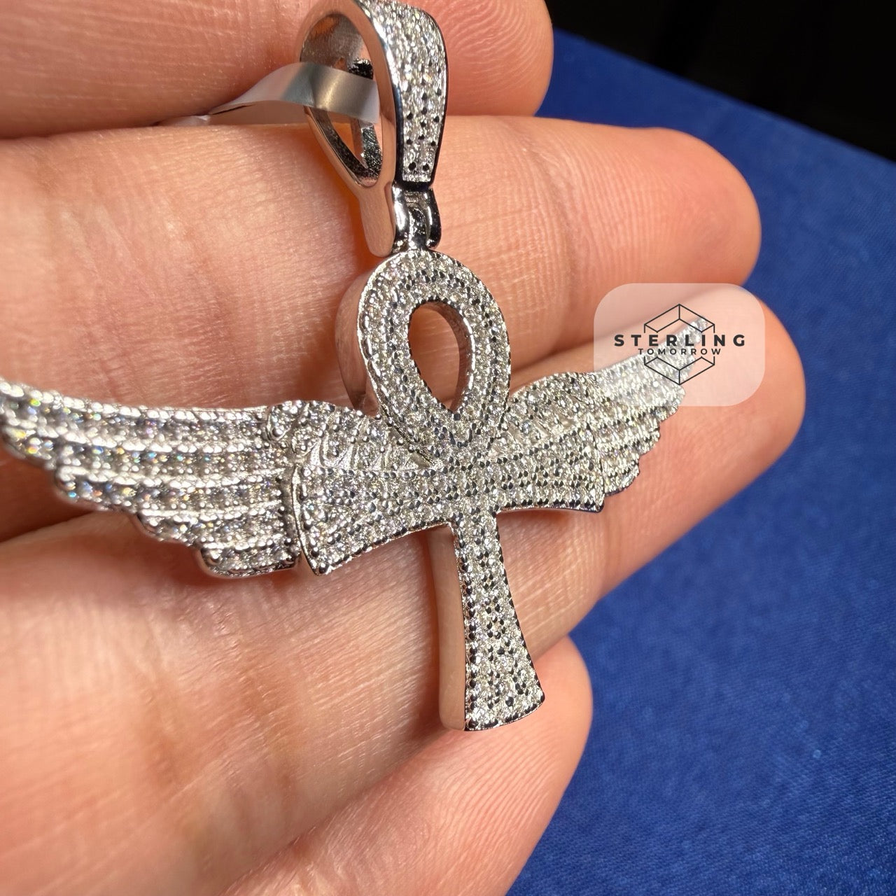 Moissanite VVS Wings Ankh Pendant 925 Silver Iced Out Free Steel Rope Chain