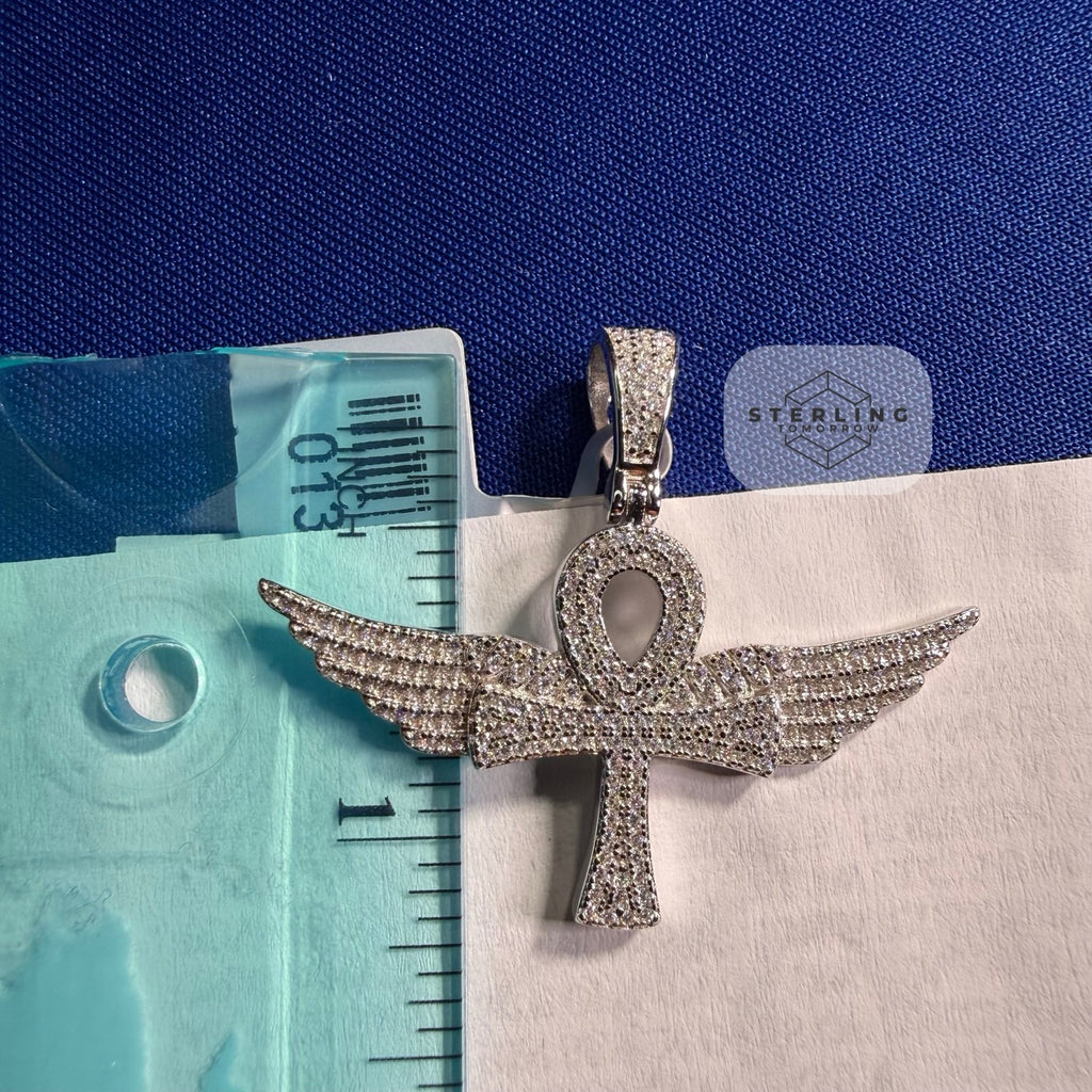 Moissanite VVS Wings Ankh Pendant 925 Silver Iced Out Free Steel Rope Chain