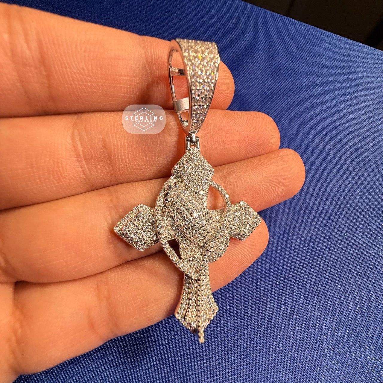 Moissanite Cross Pass Testers Iced Out Pendant + Steel Rope Chain 925 Silver Bling