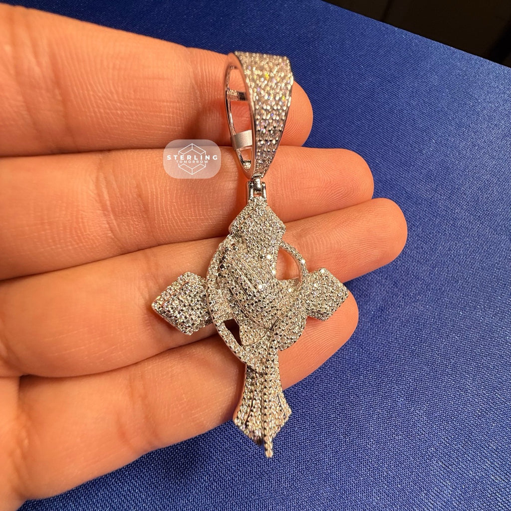 Moissanite Cross Pass Testers Iced Out Pendant + Steel Rope Chain 925 Silver Bling