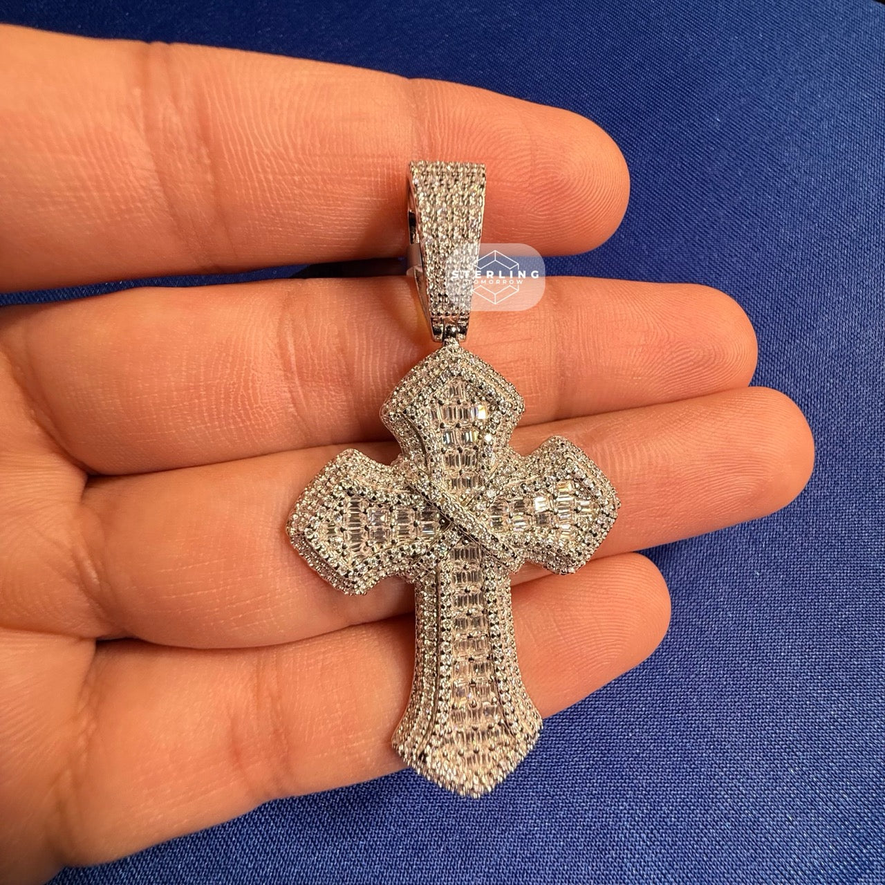 Moissanite Cross Pass Testers Iced Out Pendant 925 Silver + FREE Rope Chain Bling