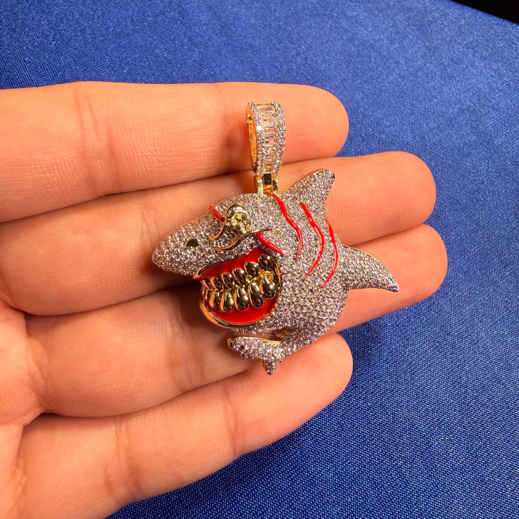 Shark Iced Out Pendant CZ Diamond Teeth Hip Hop Bling + Rope Chain