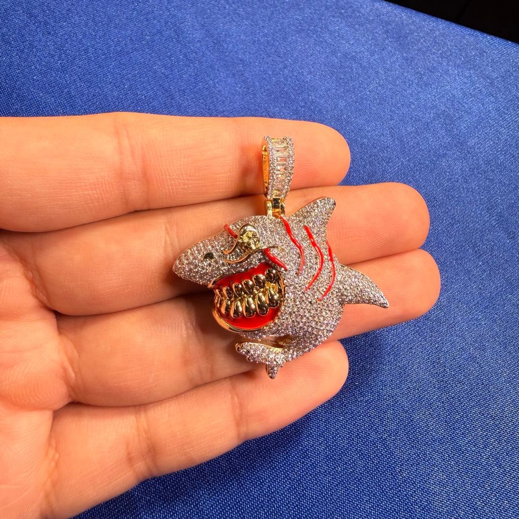 Shark Iced Out Pendant CZ Diamond Teeth Hip Hop Bling + Rope Chain