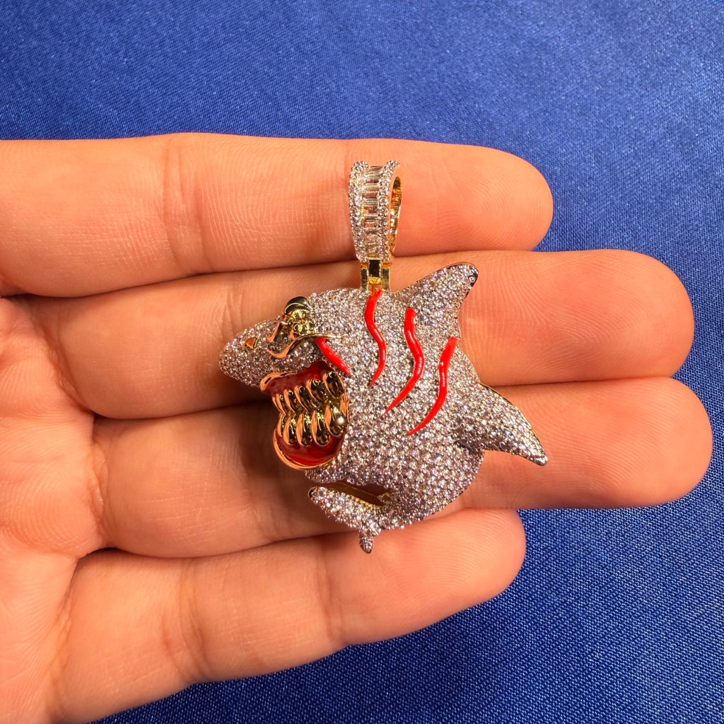 Shark Iced Out Pendant CZ Diamond Teeth Hip Hop Bling + Rope Chain