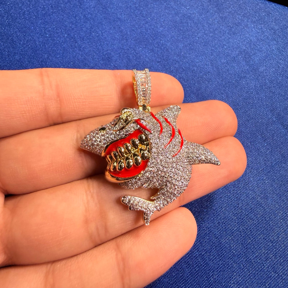 Shark Iced Out Pendant CZ Diamond Teeth Hip Hop Bling + Rope Chain