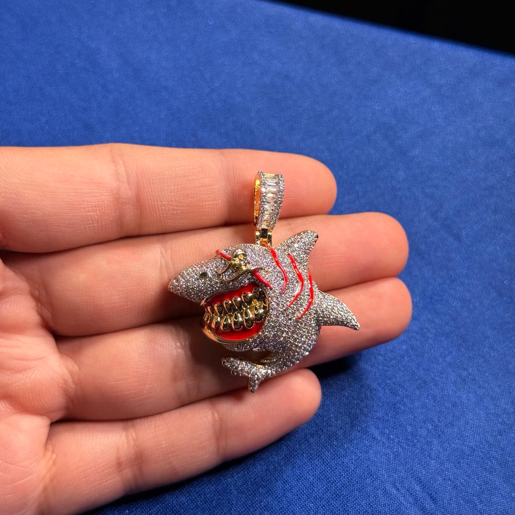 Shark Iced Out Pendant CZ Diamond Teeth Hip Hop Bling + Rope Chain