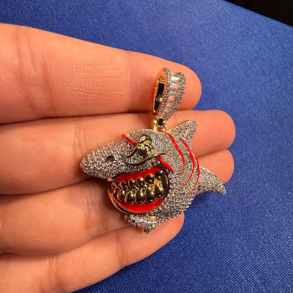 Shark Iced Out Pendant CZ Diamond Teeth Hip Hop Bling + Rope Chain