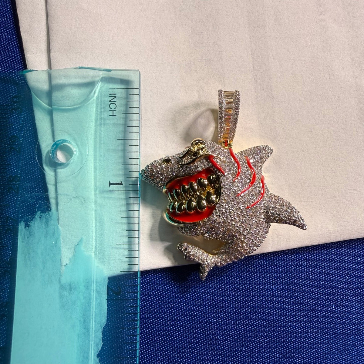 Shark Iced Out Pendant CZ Diamond Teeth Hip Hop Bling + Rope Chain