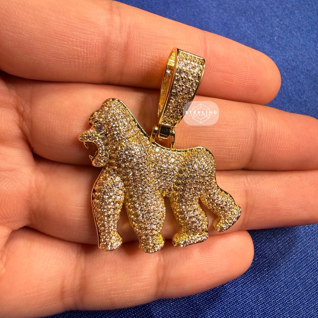 14K Gold Plated Gorilla Iced Out Pendant CZ Diamond Hip Hop Bling + FREE Rope Chain