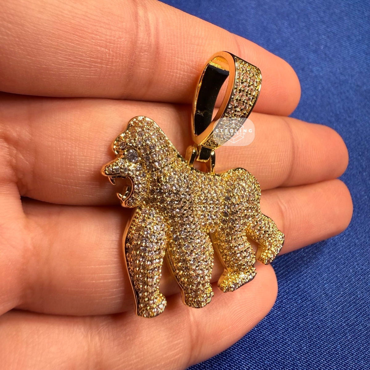 14K Gold Plated Gorilla Iced Out Pendant CZ Diamond Hip Hop Bling + FREE Rope Chain