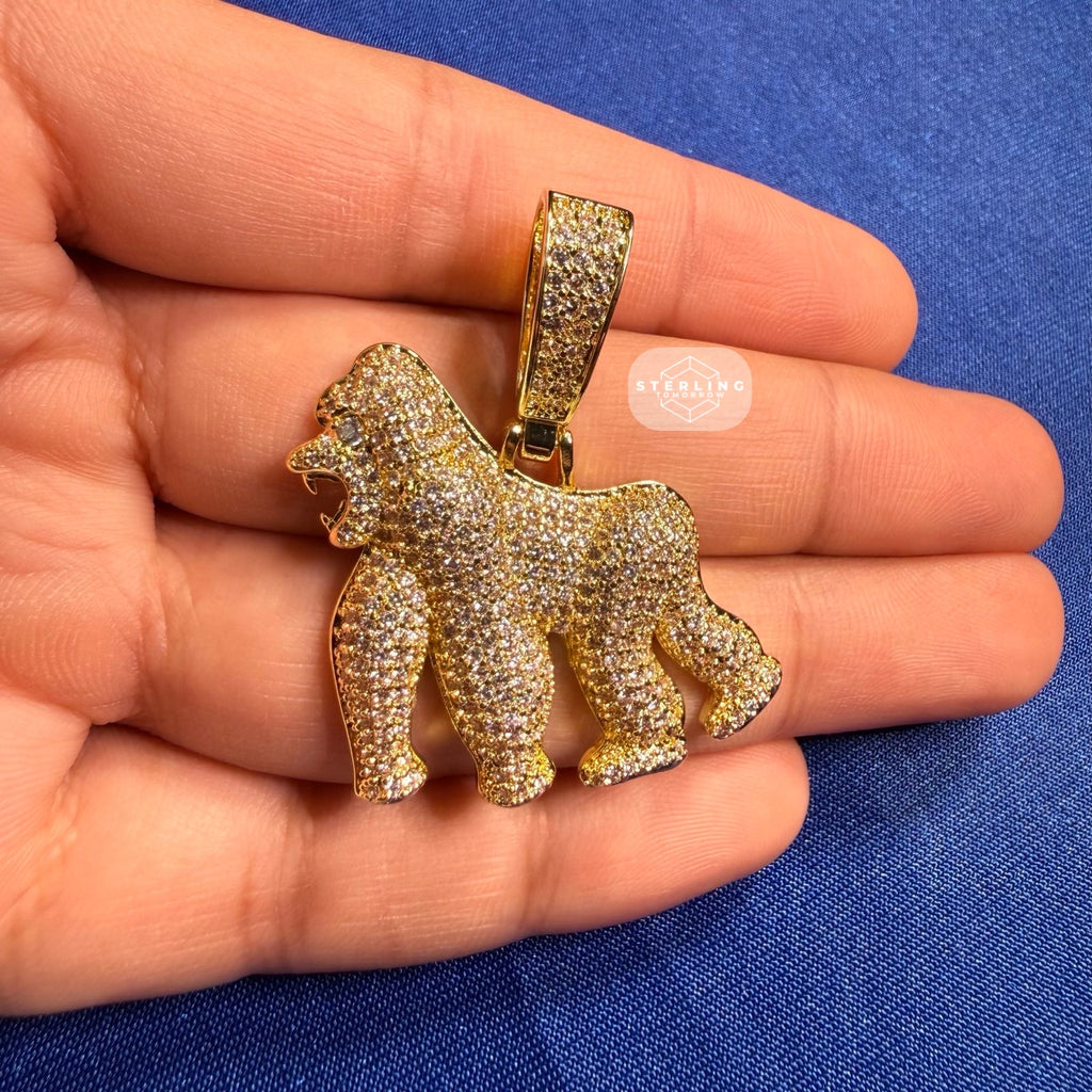 14K Gold Plated Gorilla Iced Out Pendant CZ Diamond Hip Hop Bling + FREE Rope Chain