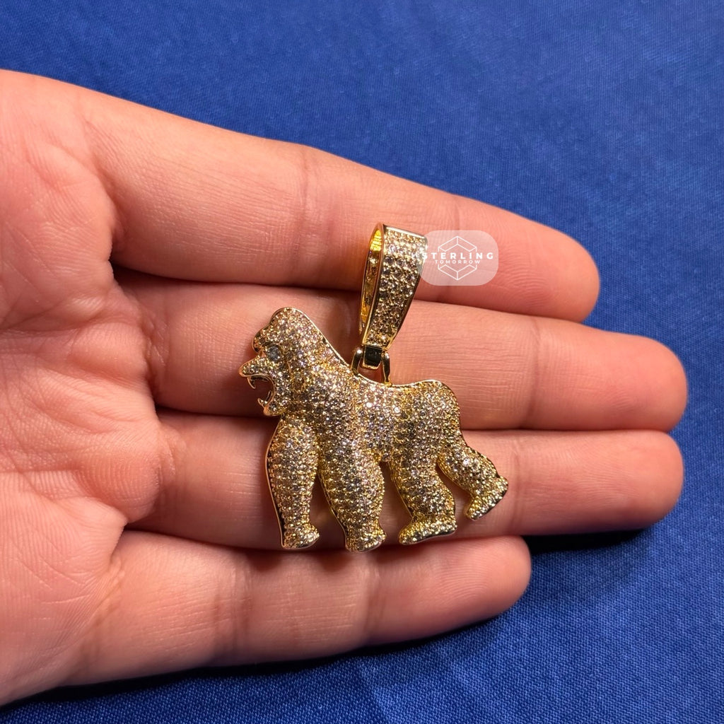 14K Gold Plated Gorilla Iced Out Pendant CZ Diamond Hip Hop Bling + FREE Rope Chain