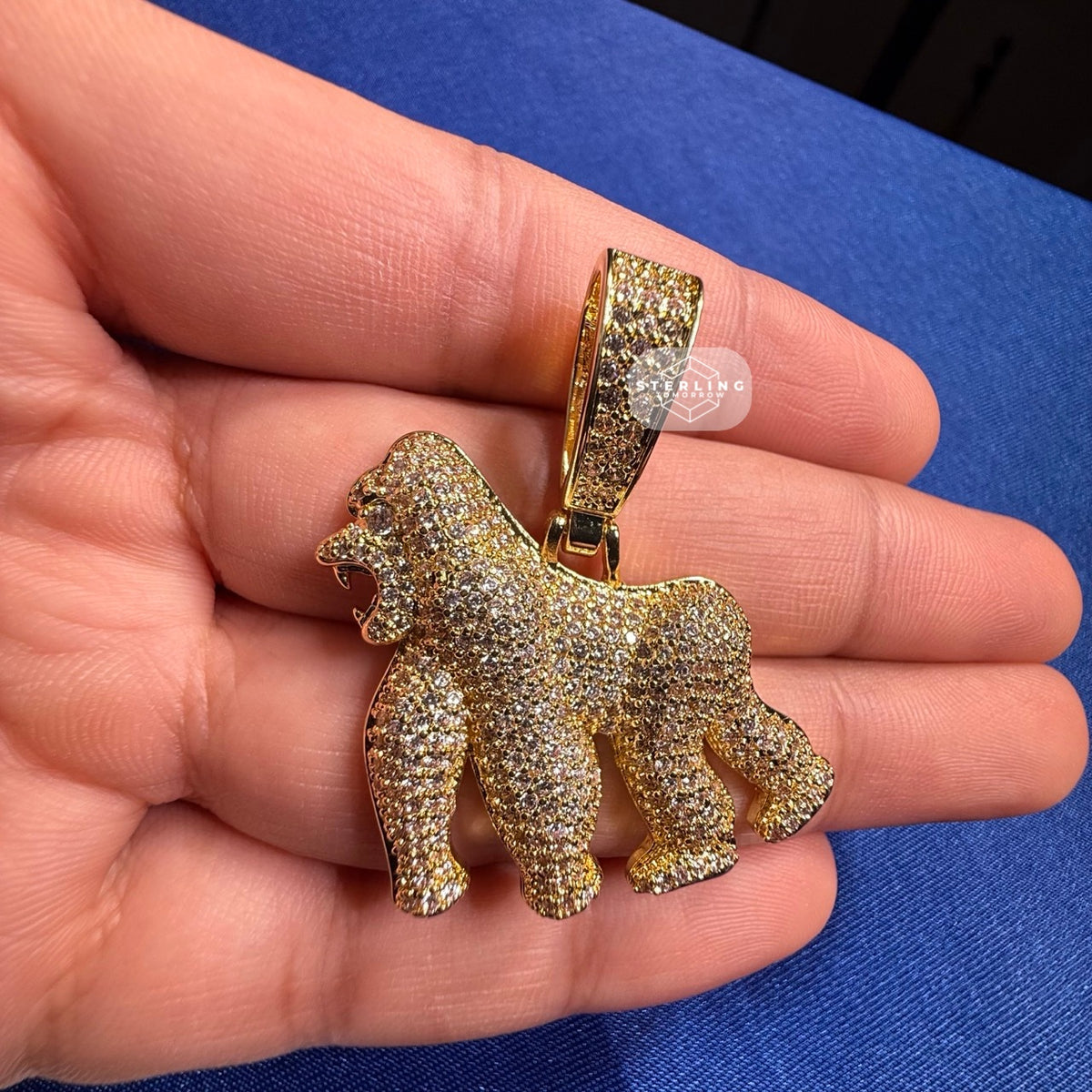 14K Gold Plated Gorilla Iced Out Pendant CZ Diamond Hip Hop Bling + FREE Rope Chain
