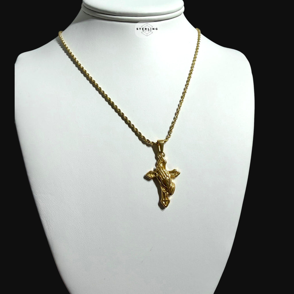 Gold Praying Hands Cross Pendant Necklace, Stainless Steel Necklace for Men, Religious Christian Pendant, 14K Gold Waterproof Necklace, Gift for Him