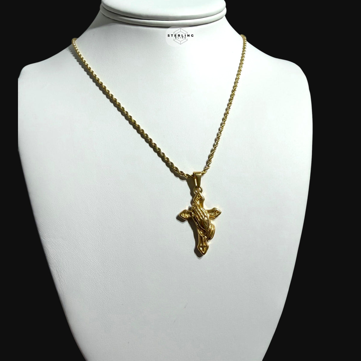 Gold Praying Hands Cross Pendant Necklace, Stainless Steel Necklace for Men, Religious Christian Pendant, 14K Gold Waterproof Necklace, Gift for Him
