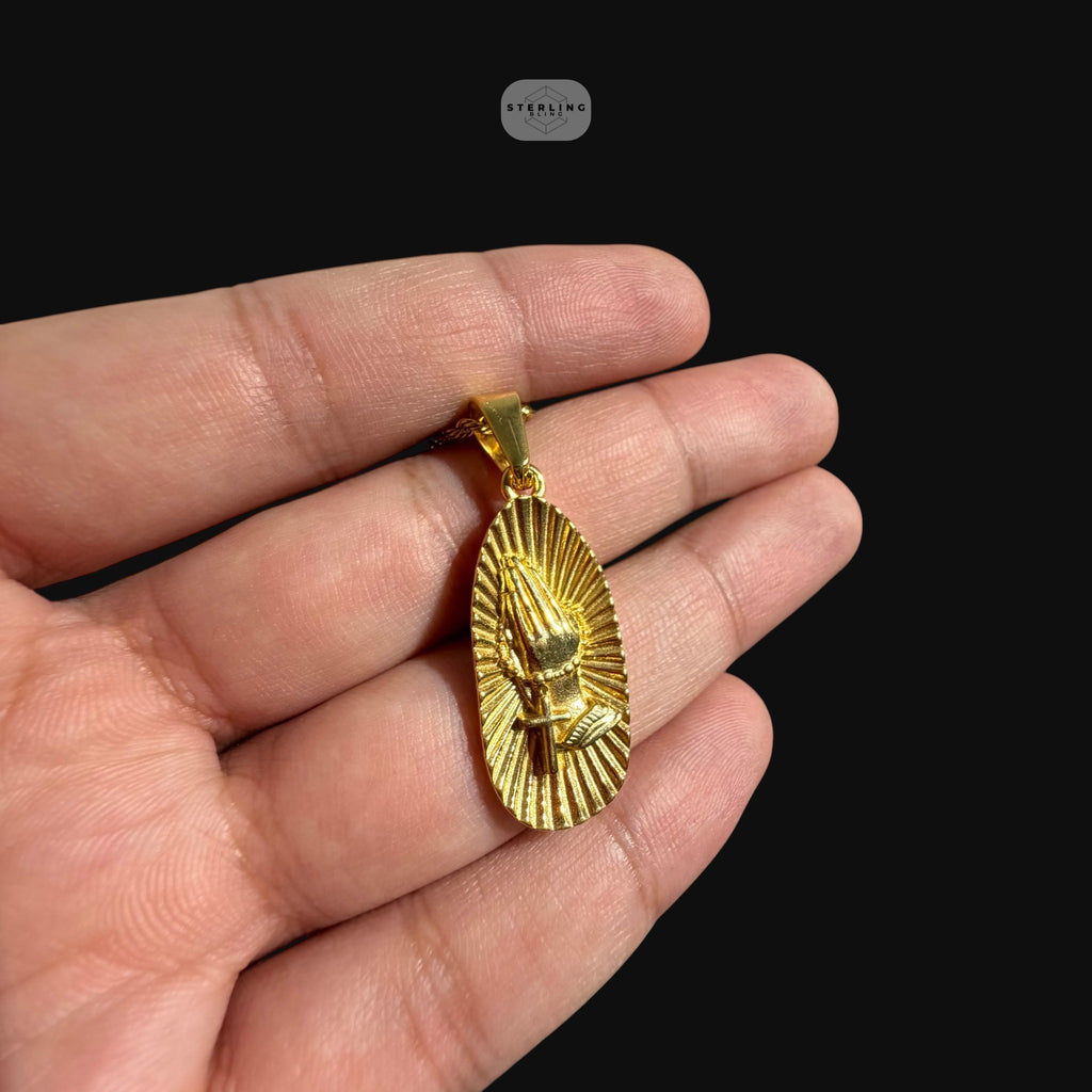 Gold Praying Hands Pendant Necklace, Stainless Steel Necklace for Men, Religious Christian Pendant, 14K Gold Waterproof Necklace, Gift for Him