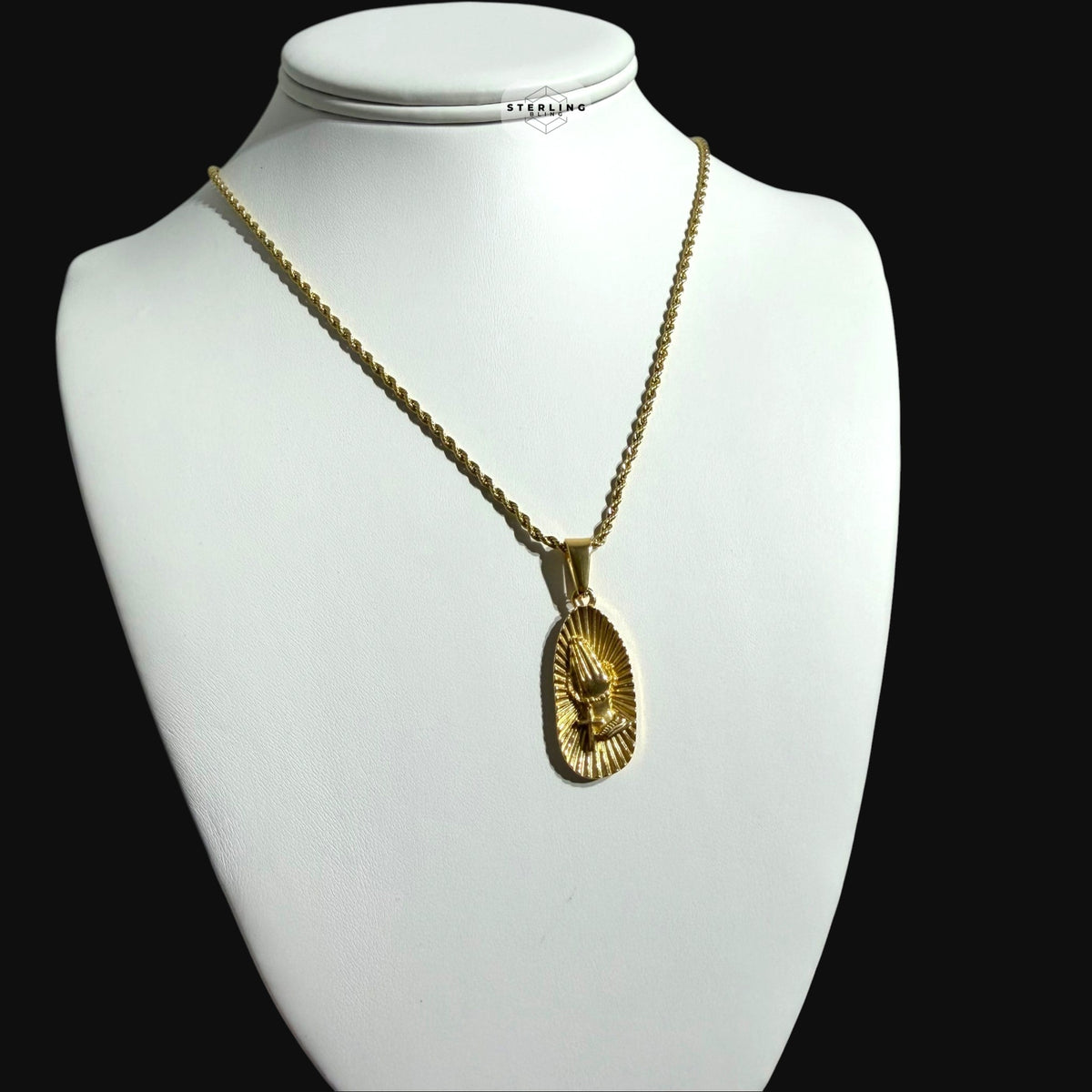 Gold Praying Hands Pendant Necklace, Stainless Steel Necklace for Men, Religious Christian Pendant, 14K Gold Waterproof Necklace, Gift for Him