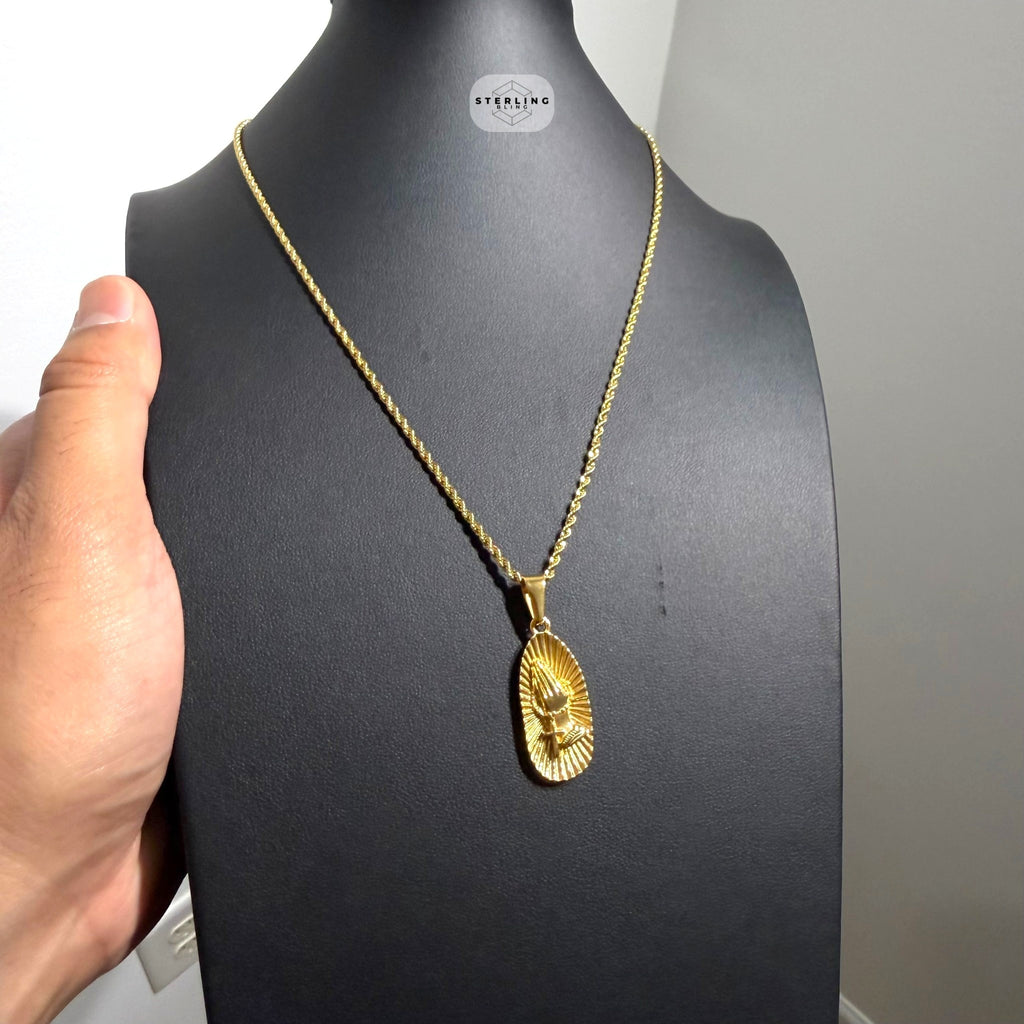 Gold Praying Hands Pendant Necklace, Stainless Steel Necklace for Men, Religious Christian Pendant, 14K Gold Waterproof Necklace, Gift for Him