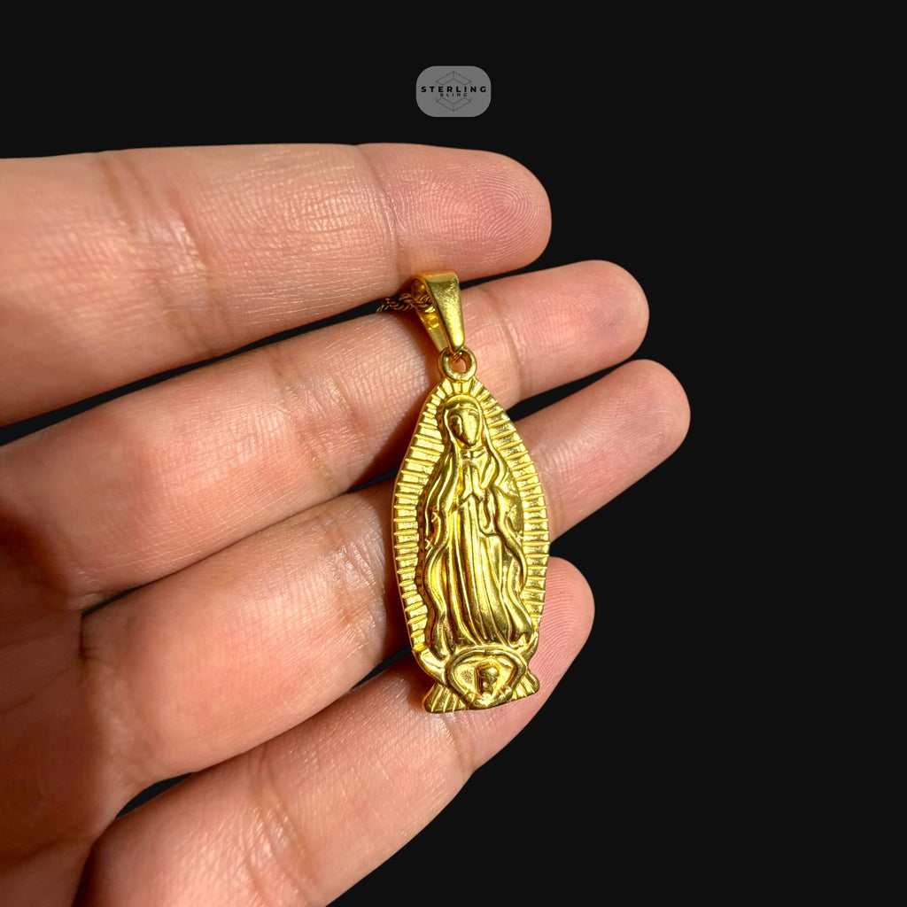 Gold Virgin Mary Pendant Necklace, Stainless Steel Necklace for Men, Religious Catholic Pendant, 14K Gold Waterproof Necklace, Gift for Him