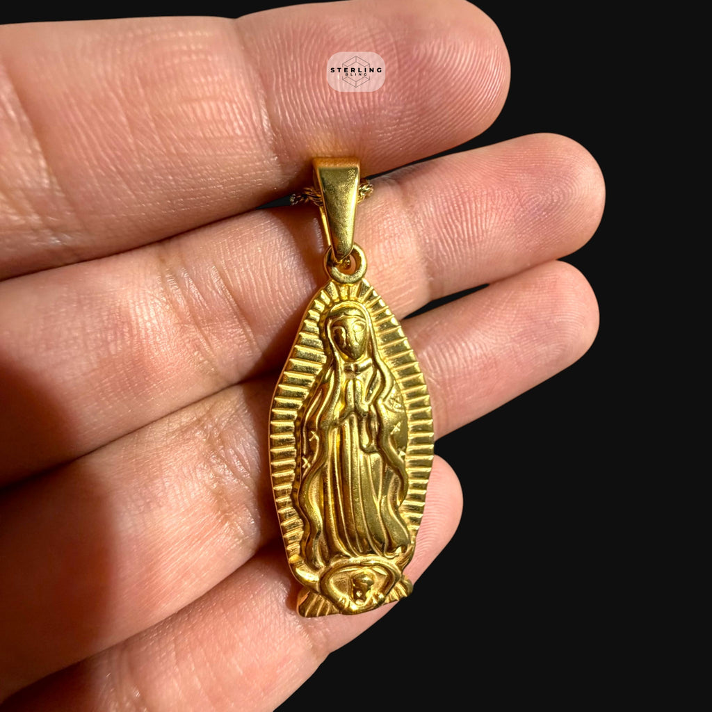 Gold Virgin Mary Pendant Necklace, Stainless Steel Necklace for Men, Religious Catholic Pendant, 14K Gold Waterproof Necklace, Gift for Him
