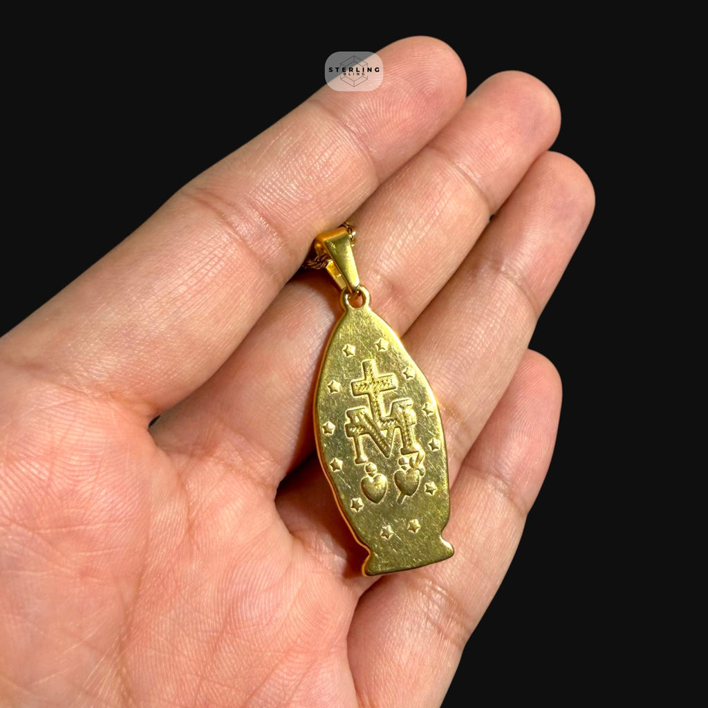 Gold Virgin Mary Pendant Necklace, Stainless Steel Necklace for Men, Religious Catholic Pendant, 14K Gold Waterproof Necklace, Gift for Him