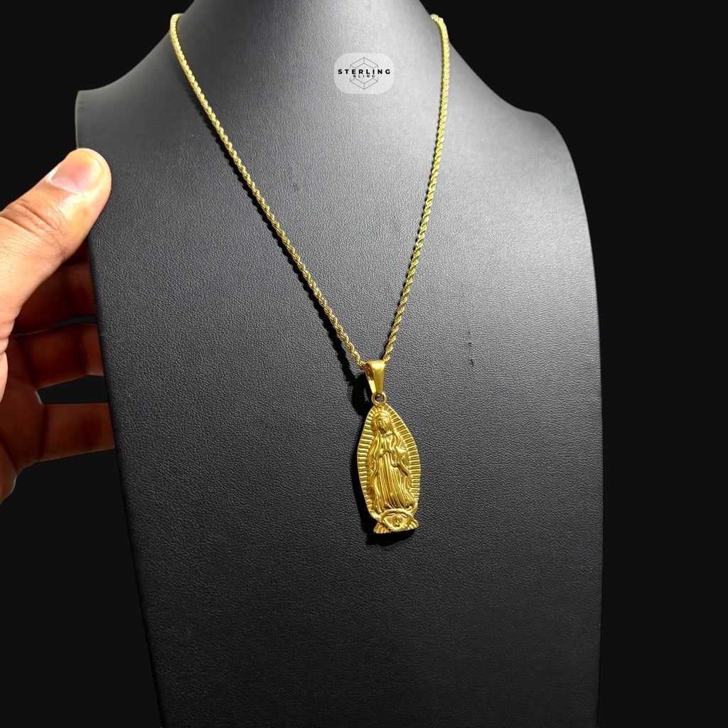 Gold Virgin Mary Pendant Necklace, Stainless Steel Necklace for Men, Religious Catholic Pendant, 14K Gold Waterproof Necklace, Gift for Him