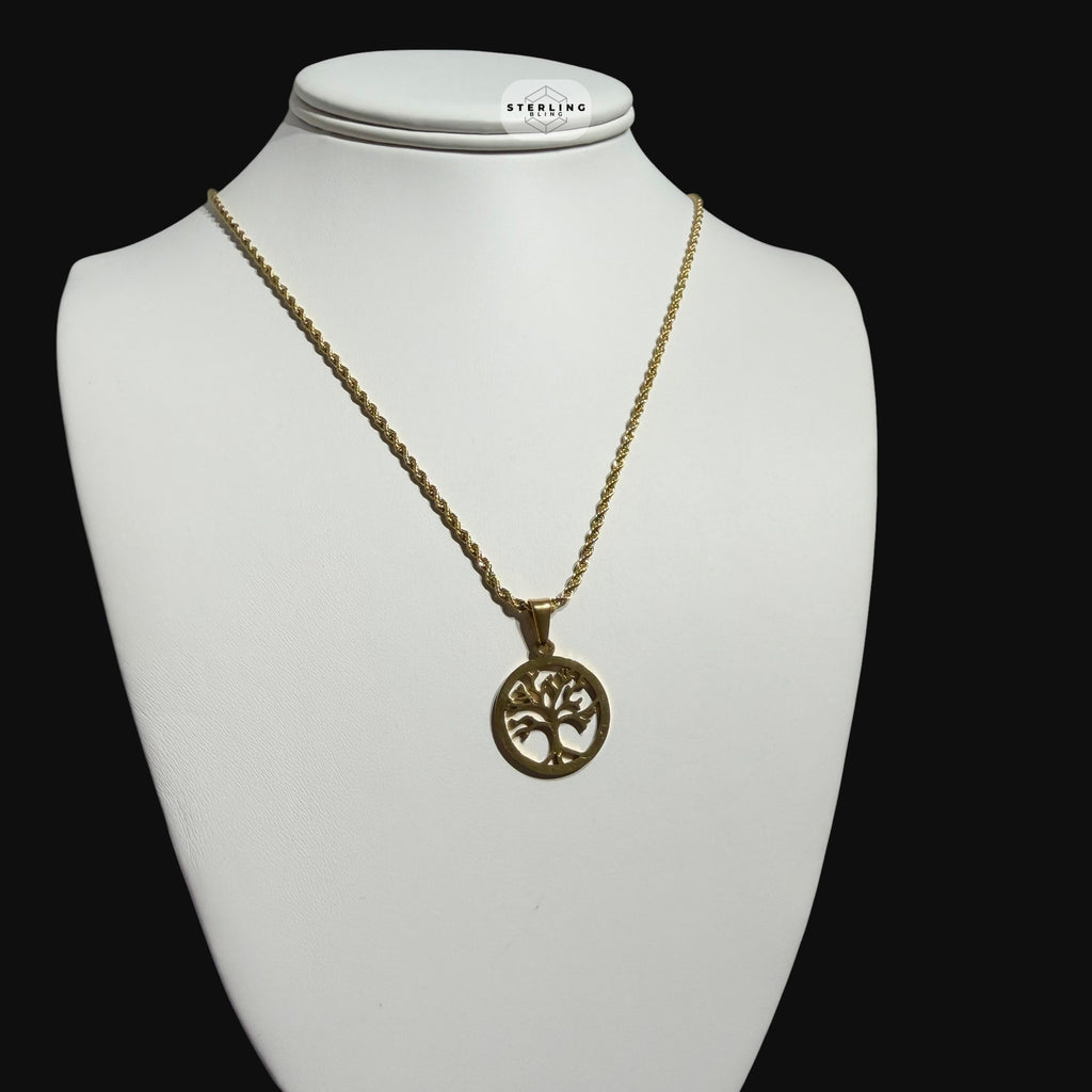 Gold Tree of Life Pendant Necklace, Stainless Steel Necklace for Men Women, Symbolic Family Pendant, 14K Gold Waterproof Necklace, Gift
