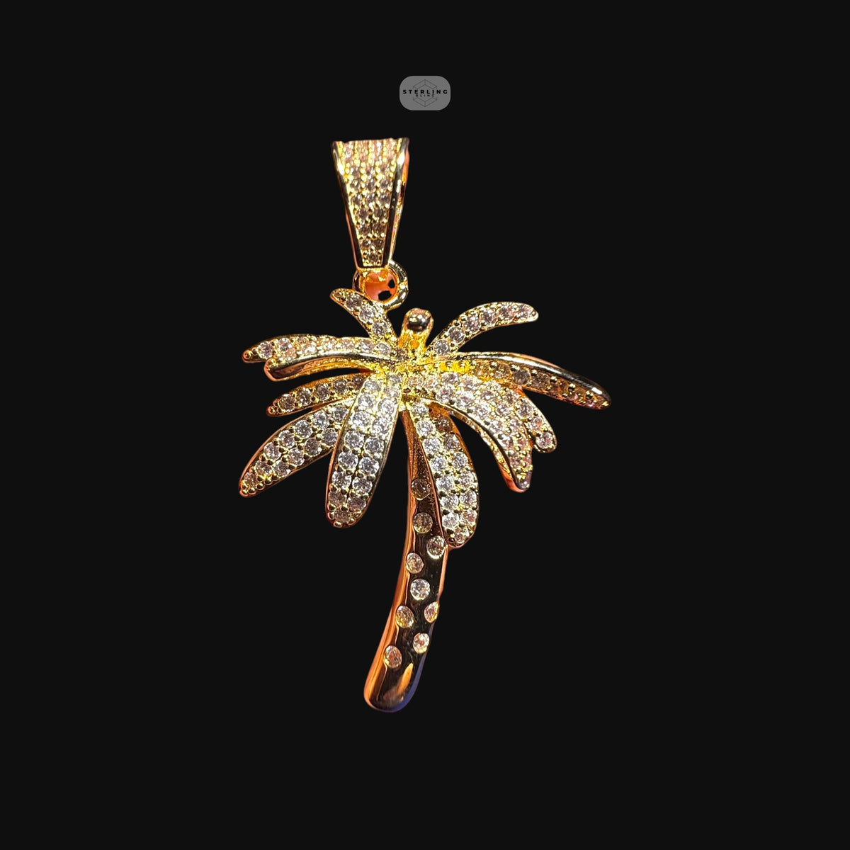 14K Gold Plated Iced Out Palm Tree Pendant | CZ Diamond Hip Hop Tropical Necklace with Free Rope Chain