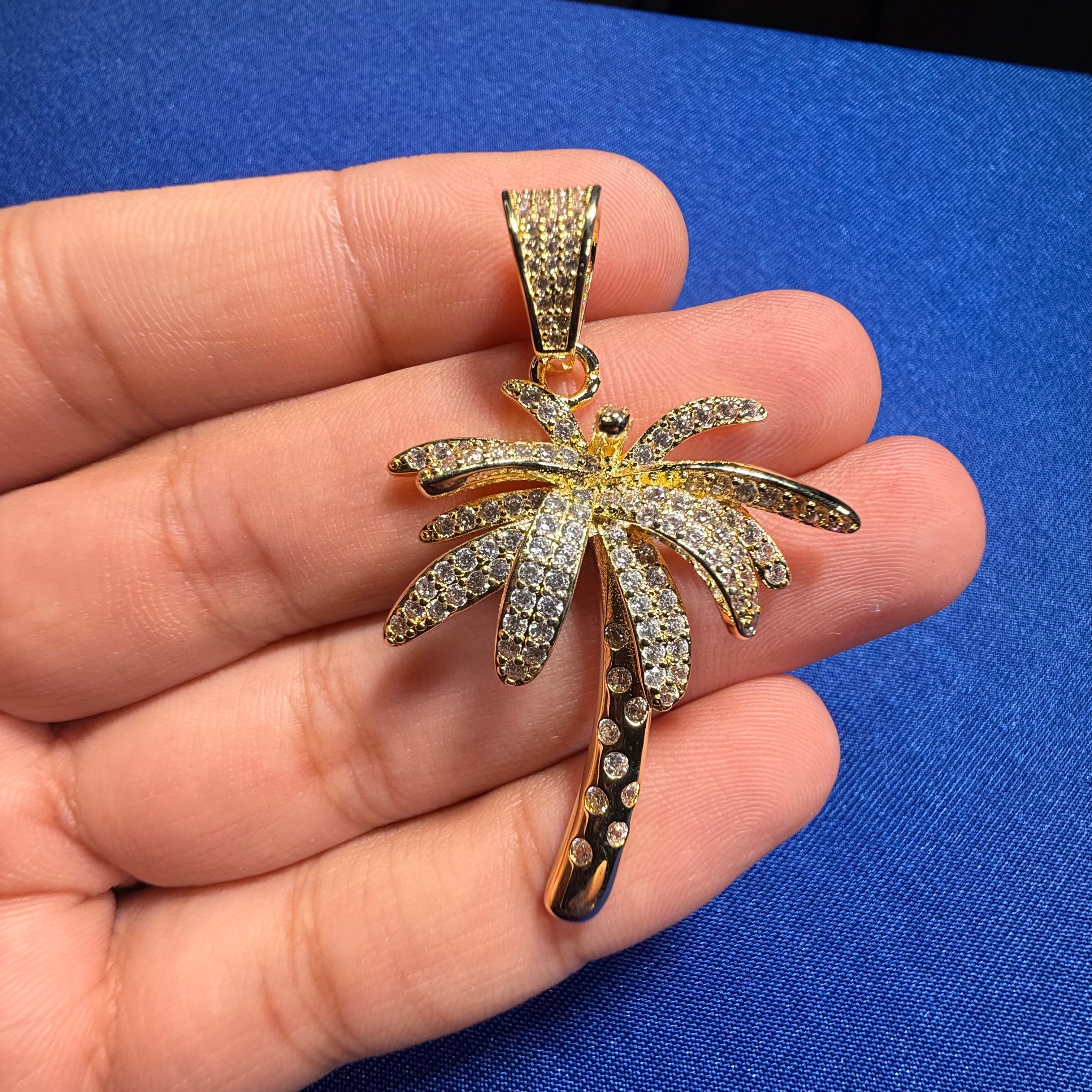 14K Gold Plated Iced Out Palm Tree Pendant + Steel Rope Chain