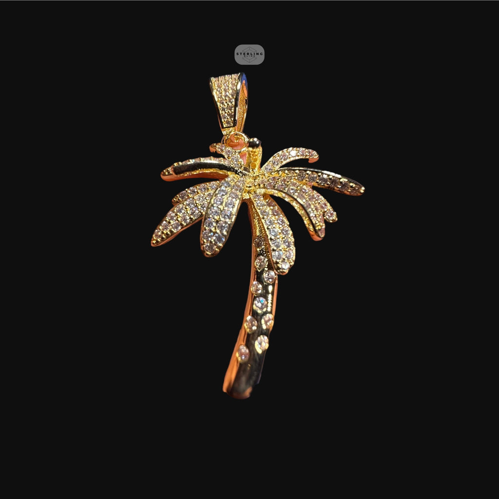 14K Gold Plated Iced Out Palm Tree Pendant | CZ Diamond Hip Hop Tropical Necklace with Free Rope Chain