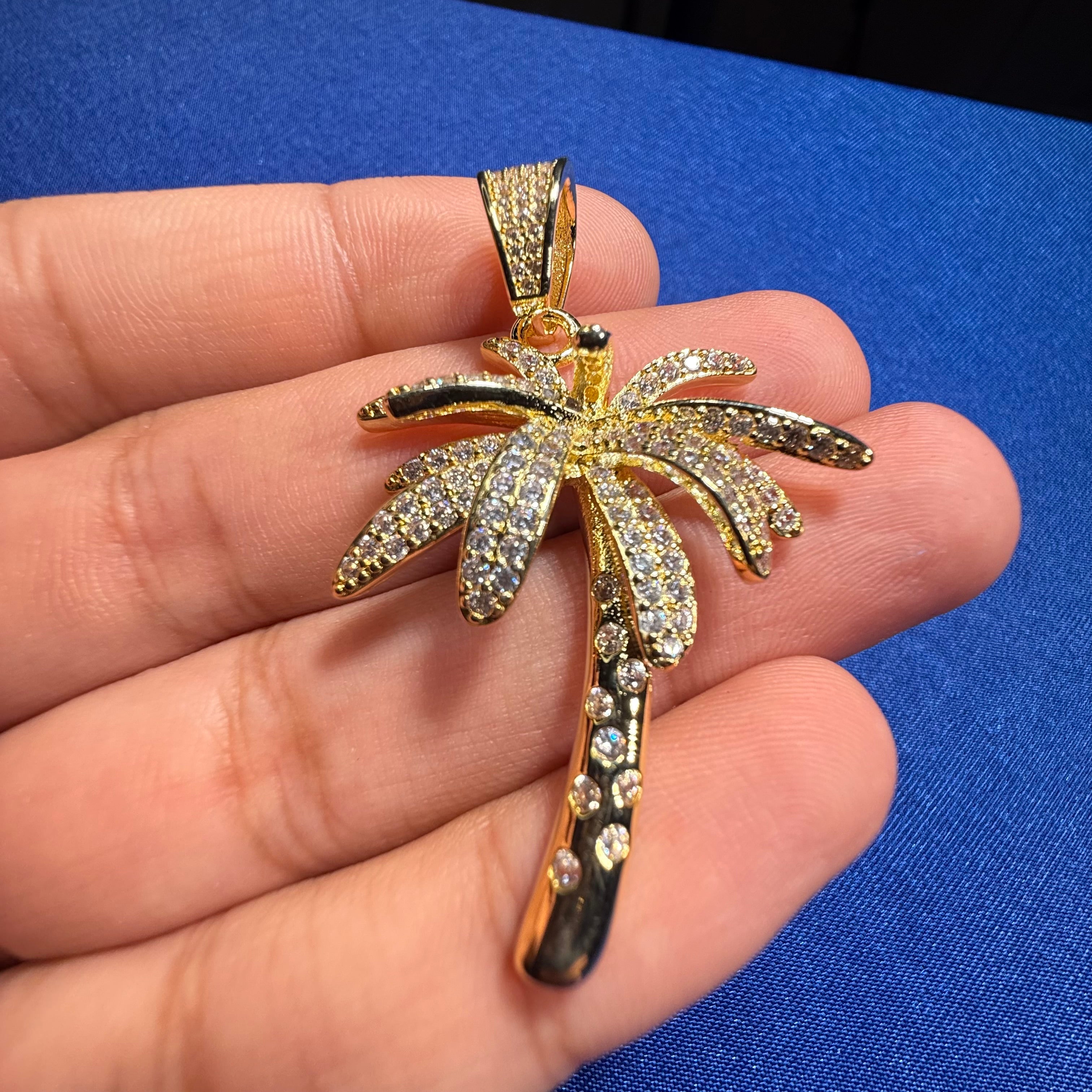 14K Gold Plated Iced Out Palm Tree Pendant + Steel Rope Chain