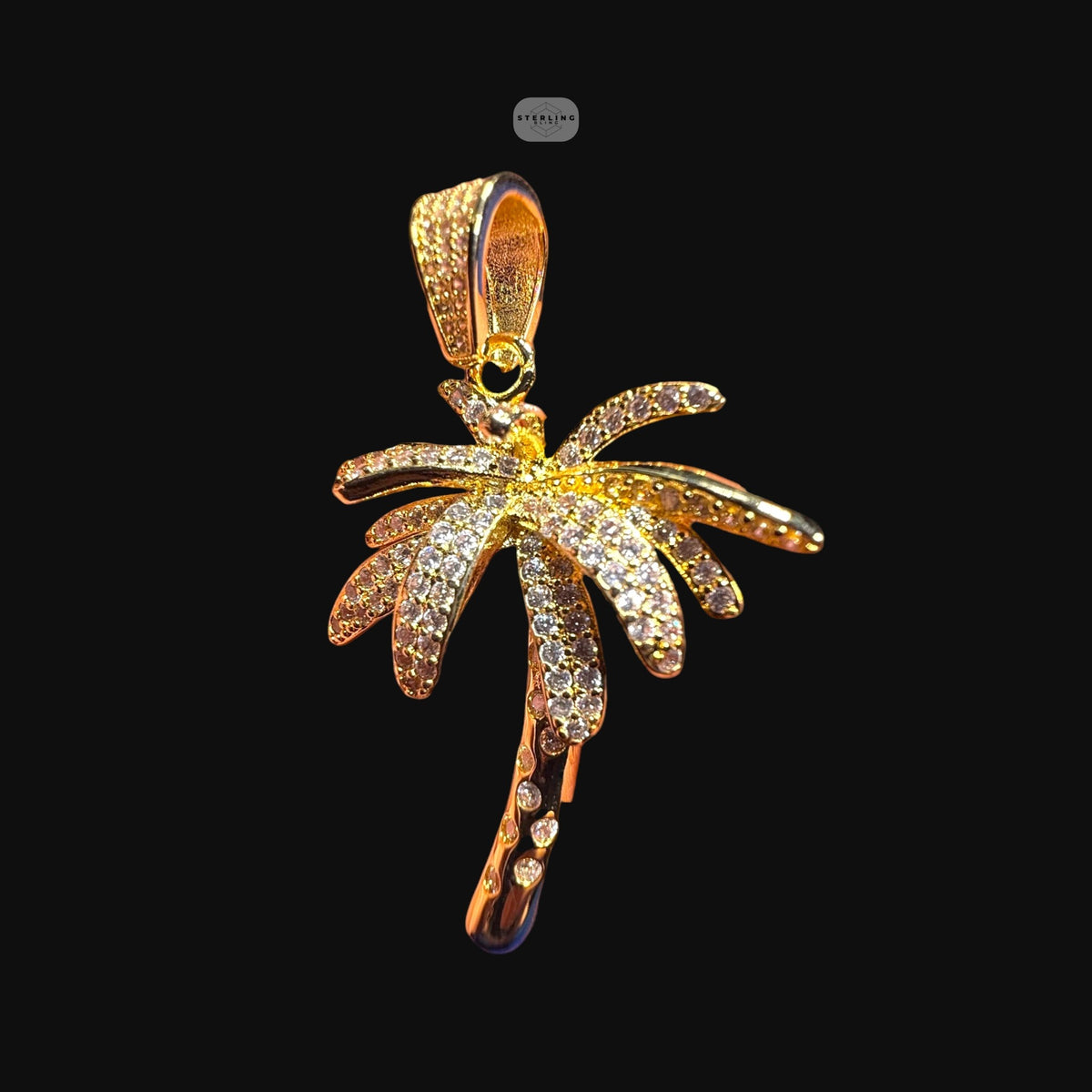 14K Gold Plated Iced Out Palm Tree Pendant | CZ Diamond Hip Hop Tropical Necklace with Free Rope Chain