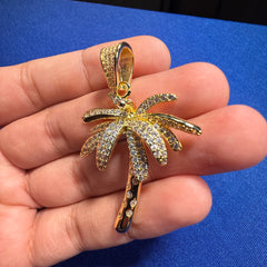 14K Gold Plated Iced Out Palm Tree Pendant + Steel Rope Chain