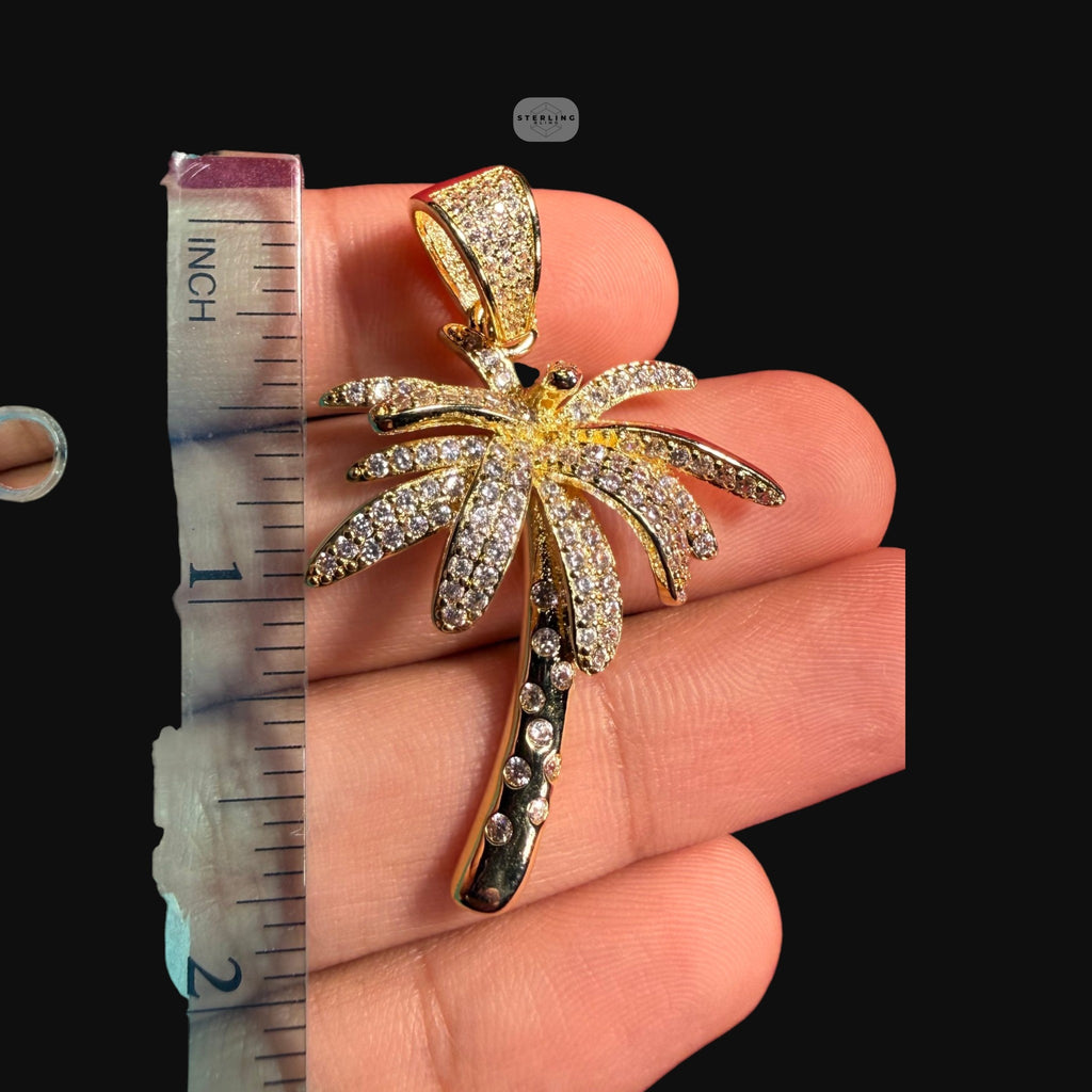 14K Gold Plated Iced Out Palm Tree Pendant | CZ Diamond Hip Hop Tropical Necklace with Free Rope Chain