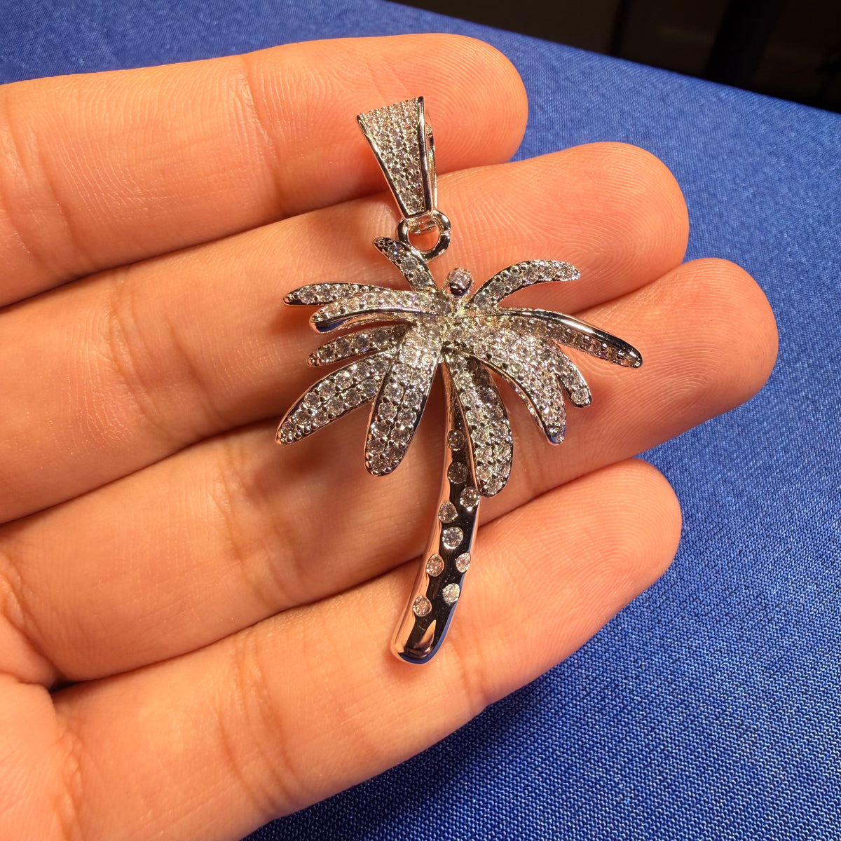 14K White Gold Plated Iced Out Palm Tree Pendant + Steel Rope Chain