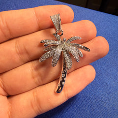 14K White Gold Plated Iced Out Palm Tree Pendant + Steel Rope Chain