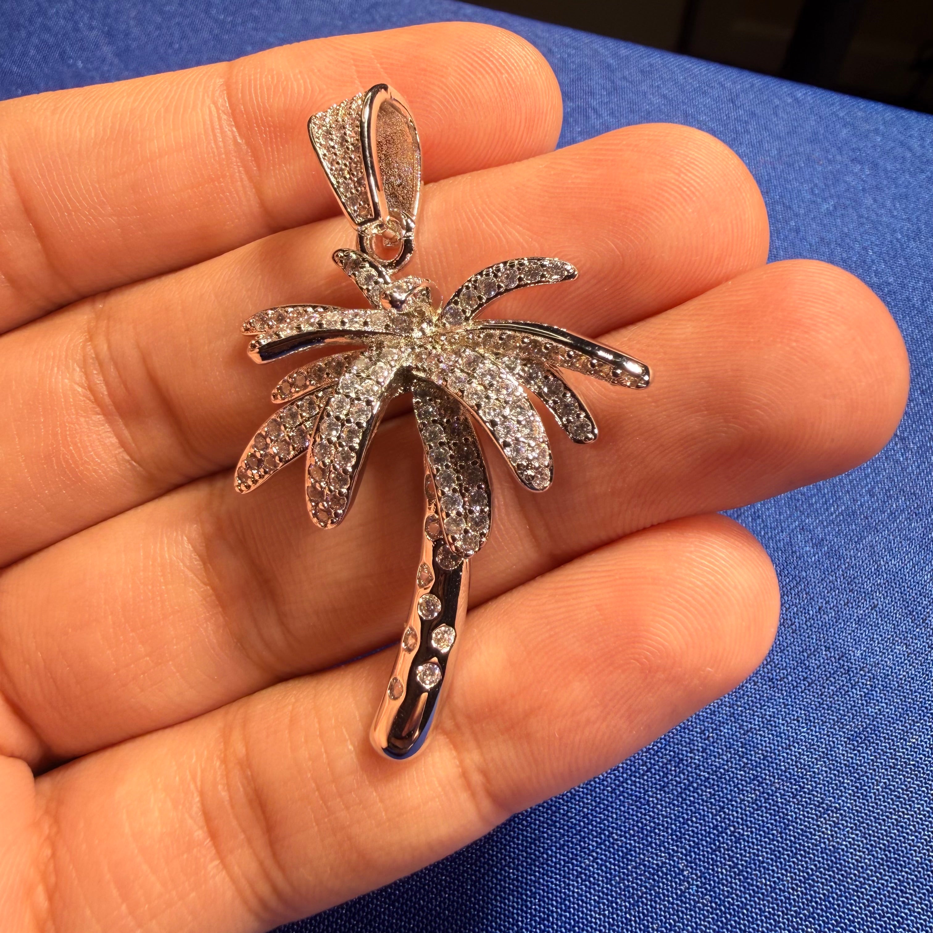 14K White Gold Plated Iced Out Palm Tree Pendant + Steel Rope Chain