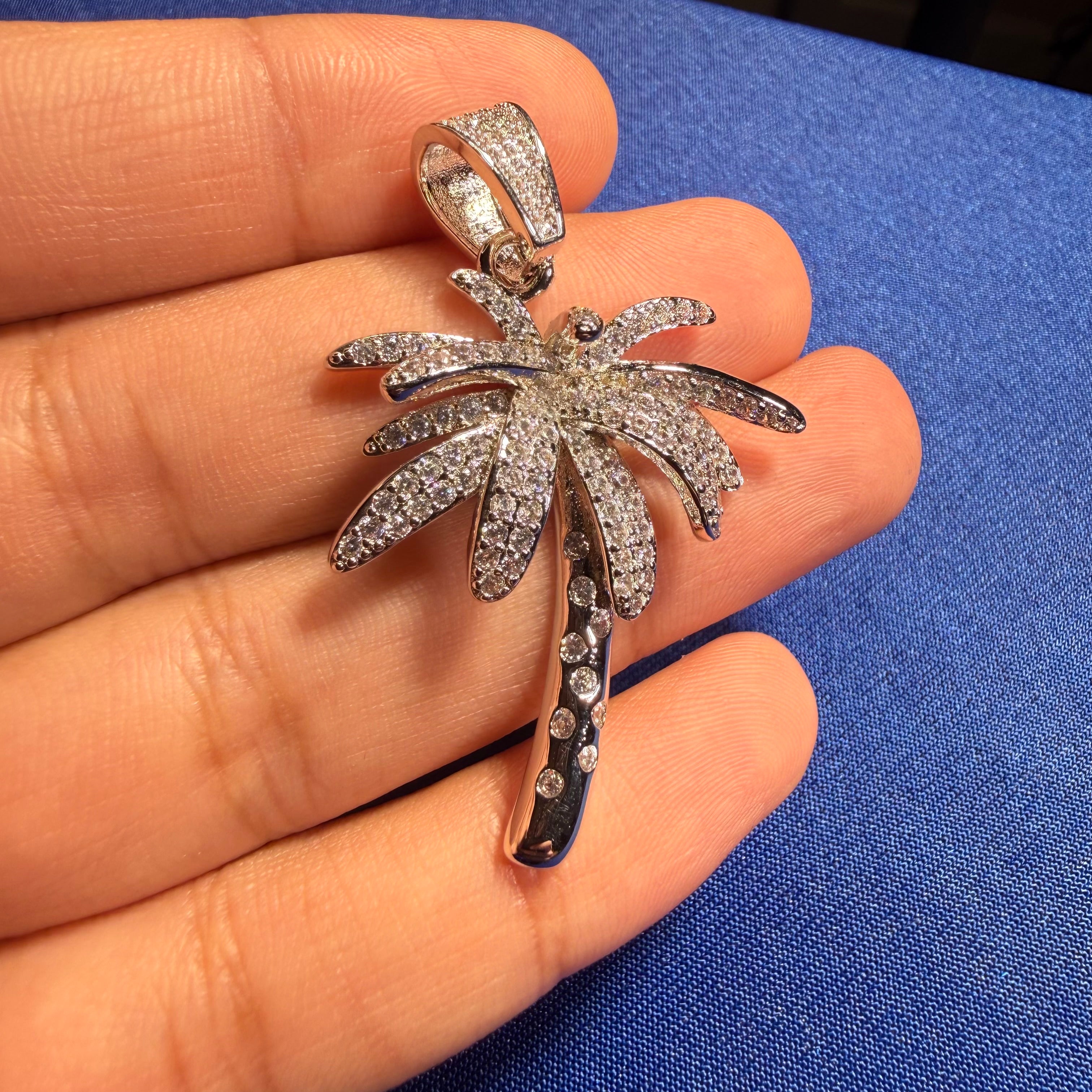 14K White Gold Plated Iced Out Palm Tree Pendant + Steel Rope Chain
