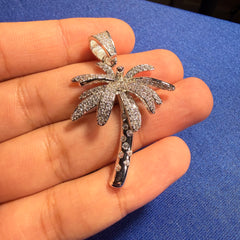 14K White Gold Plated Iced Out Palm Tree Pendant + Steel Rope Chain