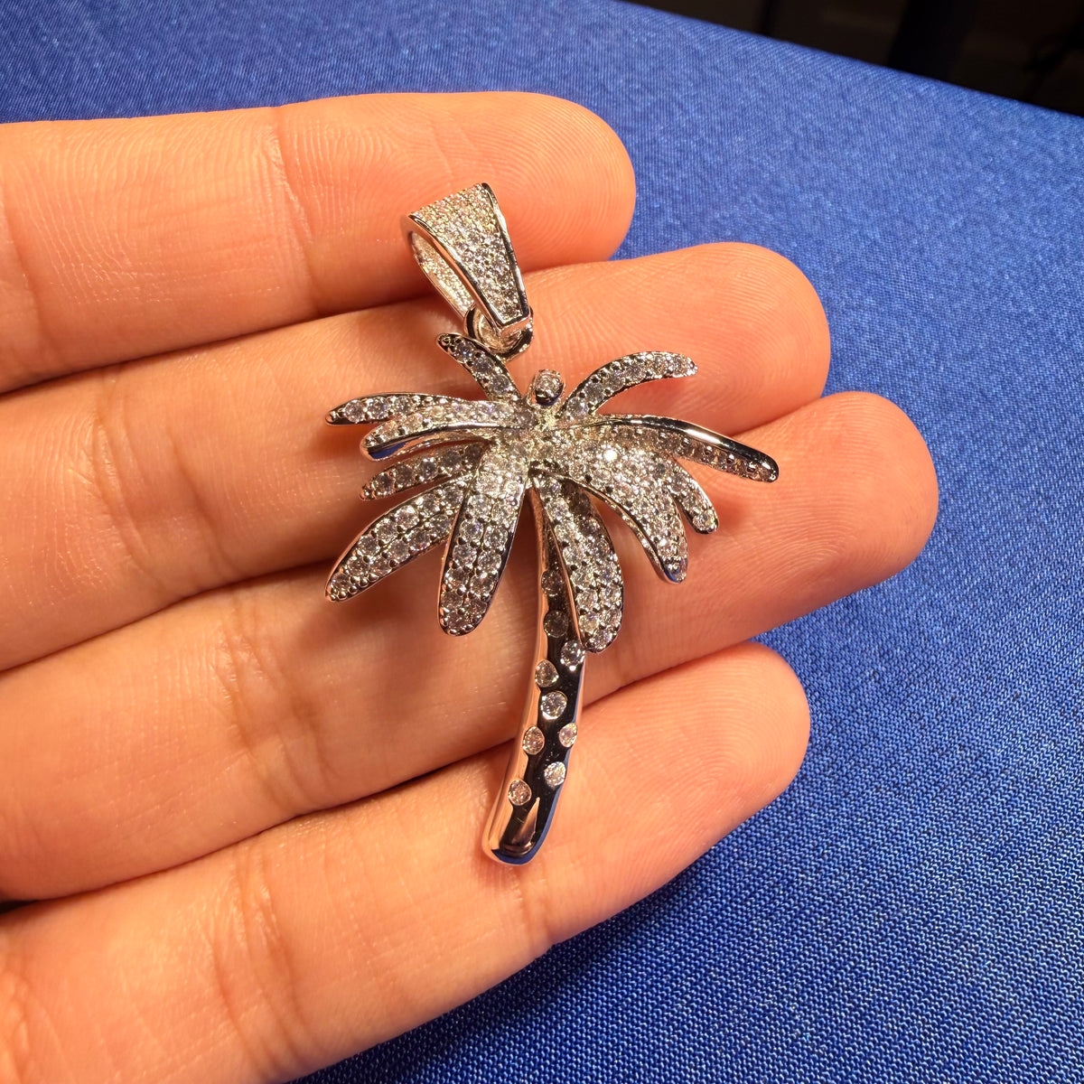 14K White Gold Iced Out Palm Tree Pendant | CZ Diamond Hip Hop Tropical Necklace with Free Rope Chain
