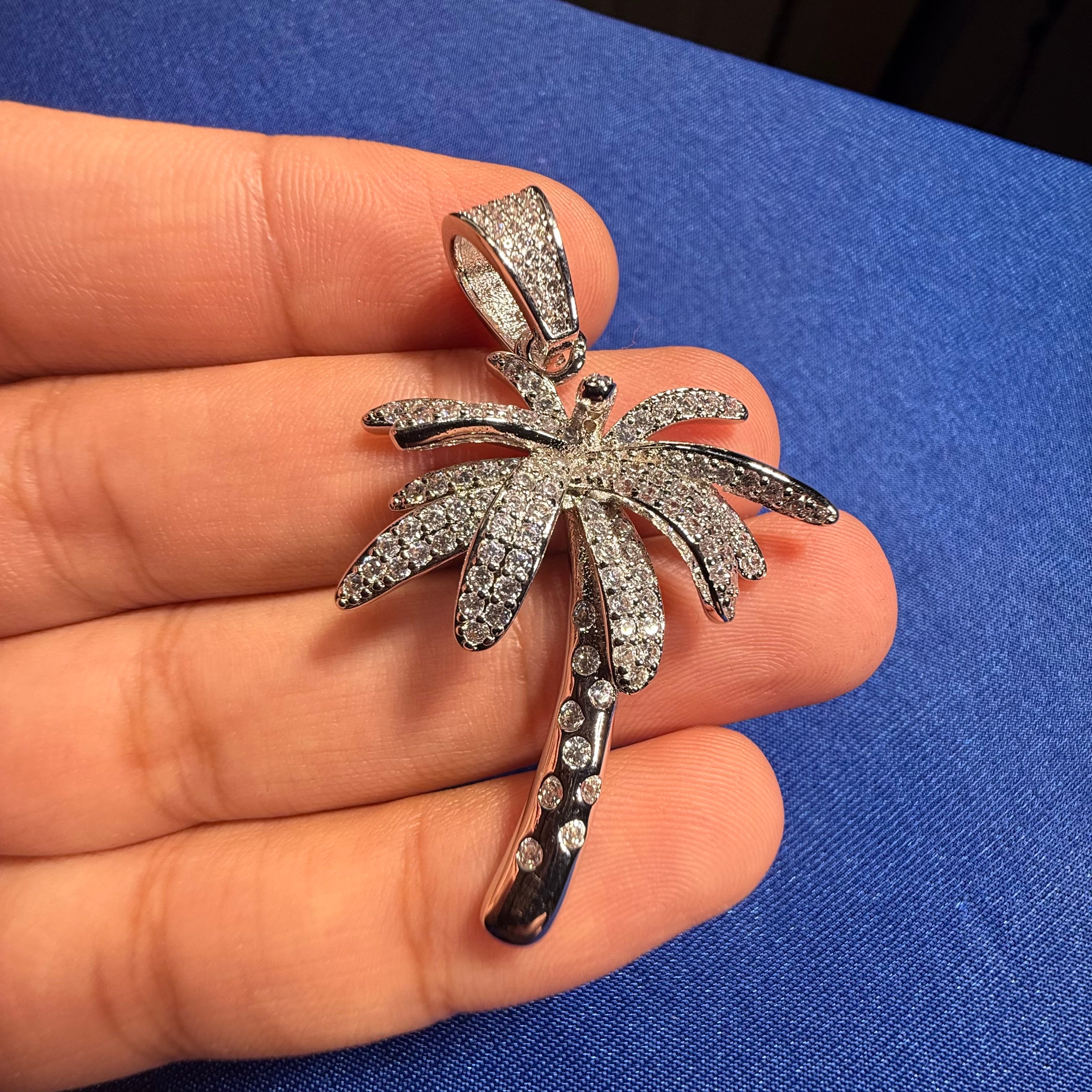 14K White Gold Plated Iced Out Palm Tree Pendant + Steel Rope Chain