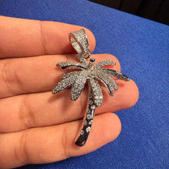 14K White Gold Plated Iced Out Palm Tree Pendant + Steel Rope Chain