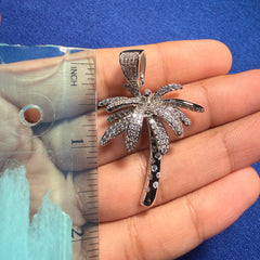 14K White Gold Plated Iced Out Palm Tree Pendant + Steel Rope Chain
